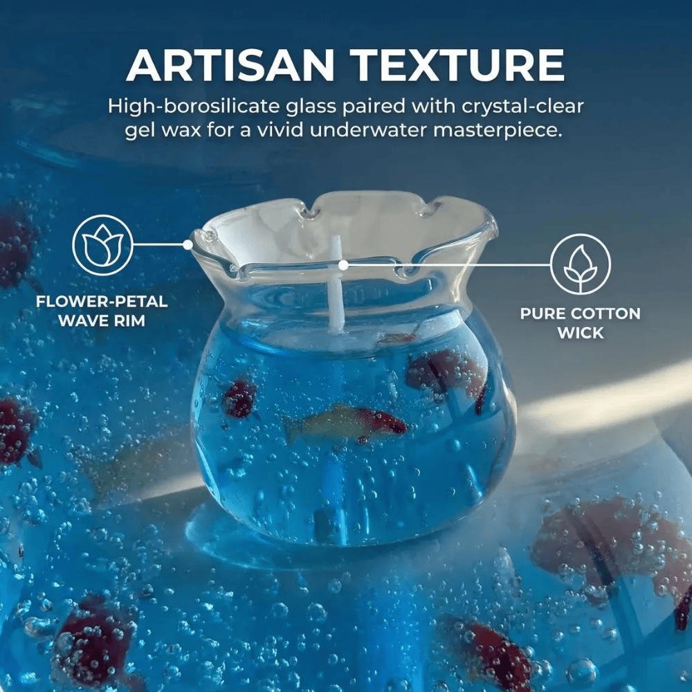 The Petal Tide Aquarium | Ocean Jelly Glass Candle with Resin Fish & Wave Rim