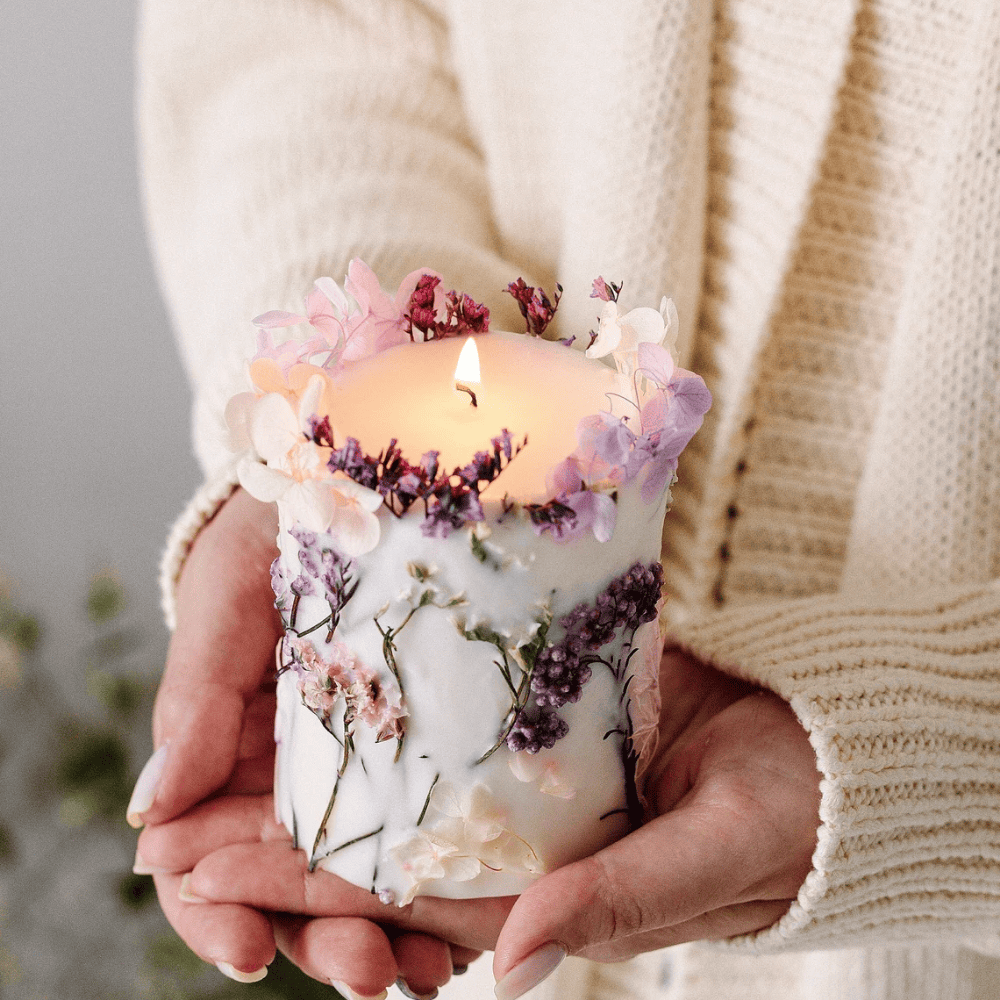 Artisan Botanical Pillar Candle | Handmade Soy & Beeswax with Dried Flowers & Surprise Gift