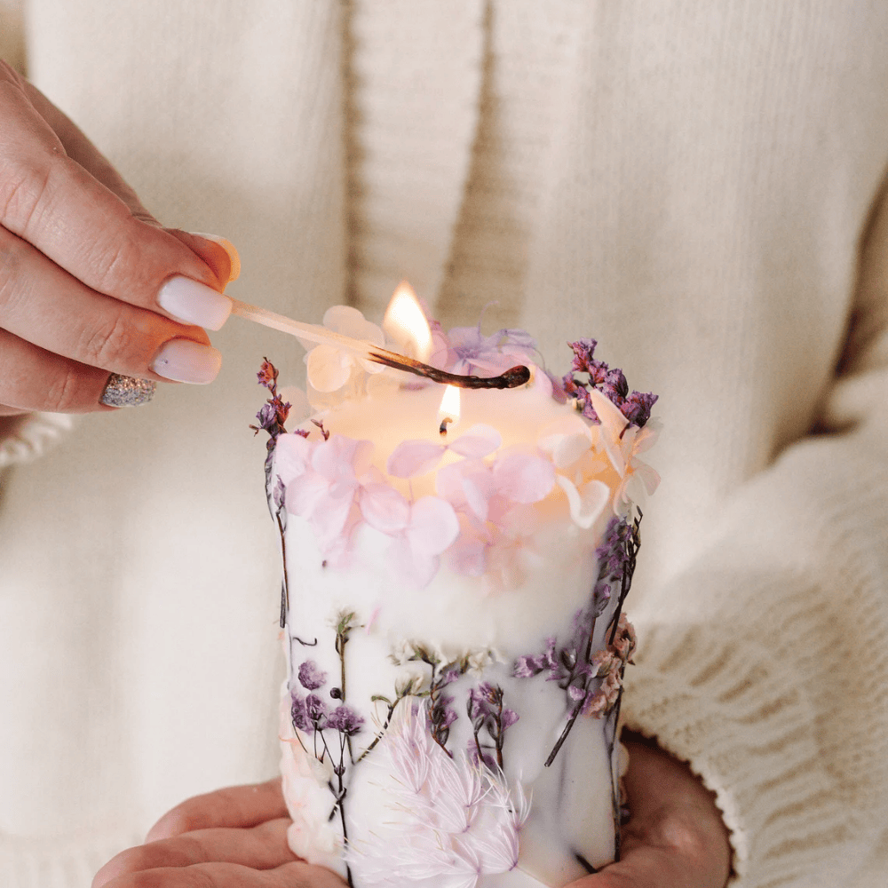 Artisan Botanical Pillar Candle | Handmade Soy & Beeswax with Dried Flowers & Surprise Gift