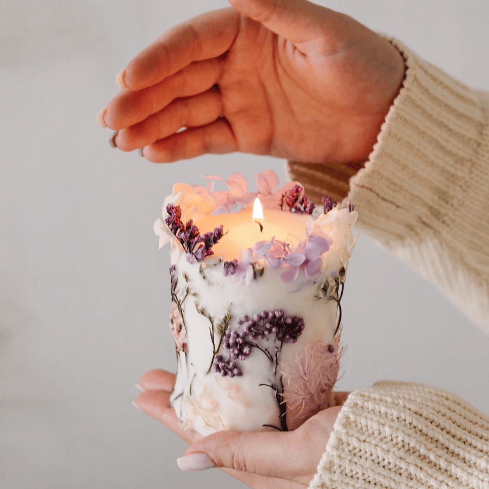 Artisan Botanical Pillar Candle | Handmade Soy & Beeswax with Dried Flowers & Surprise Gift