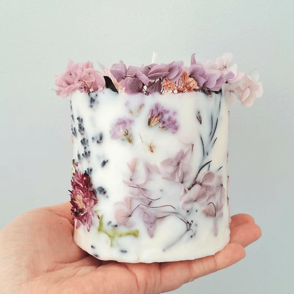 Grand Botanical Pillar Candle | 10cm Large Soy Candle with Hand-Embedded Dried Flowers