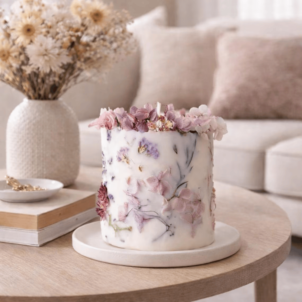 Grand Botanical Pillar Candle | 10cm Large Soy Candle with Hand-Embedded Dried Flowers