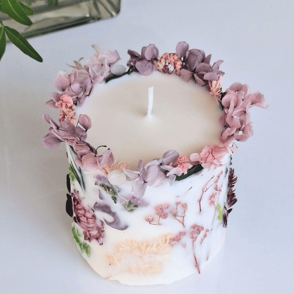Grand Botanical Pillar Candle | 10cm Large Soy Candle with Hand-Embedded Dried Flowers
